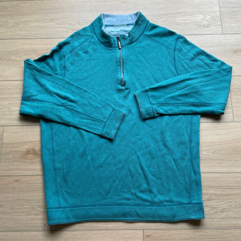 Tommy Bahama Mens Teal Green Waffle Knit Quarter Zip Fleece Pullover Sweater